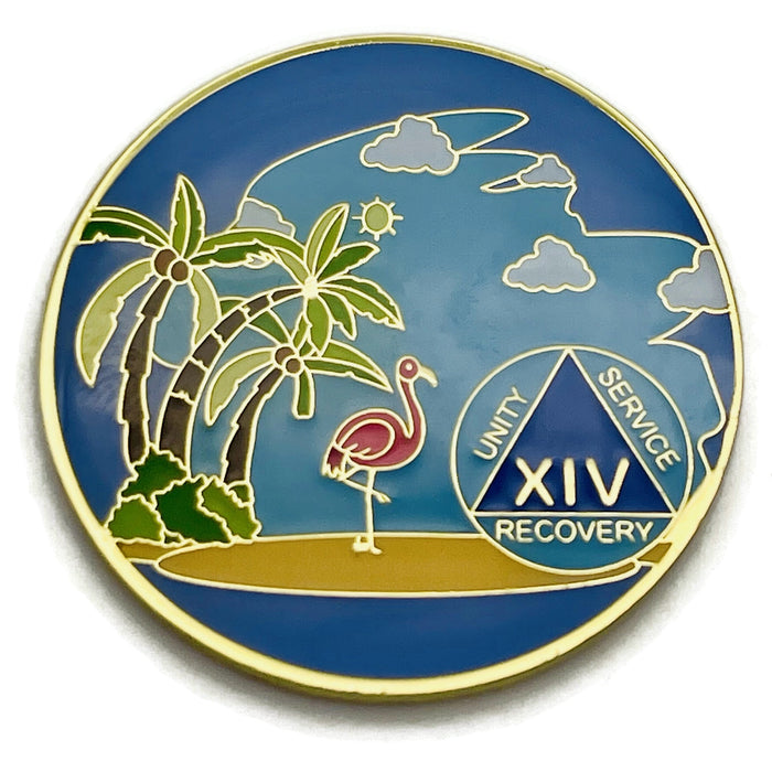 14 Year Beach Themed Specialty Tri-Plated AA Recovery Medallion - Fourteen Year Chip/Coin + Velvet Case