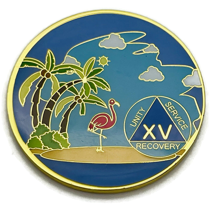 15 Year Beach Themed Specialty Tri-Plated AA Recovery Medallion - Fifteen Year Chip/Coin + Velvet Case