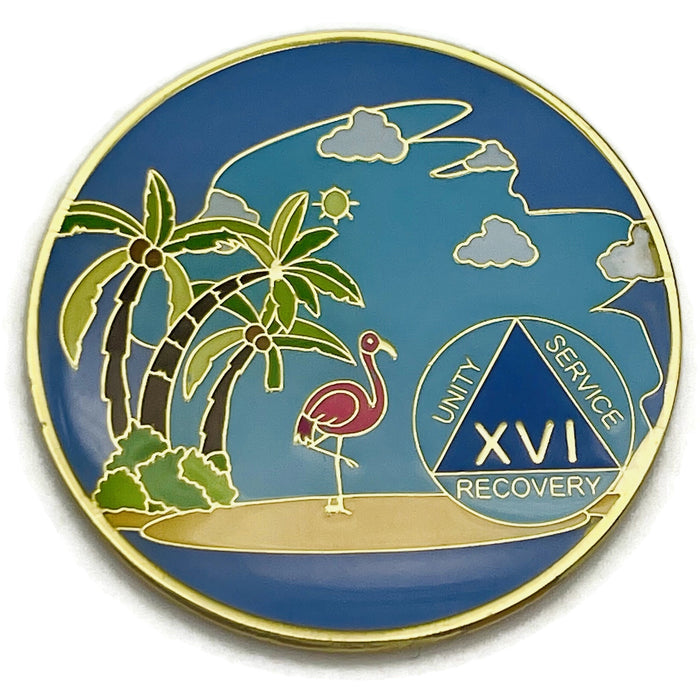 16 Year Beach Themed Specialty Tri-Plated AA Recovery Medallion - Sixteen Year Chip/Coin
