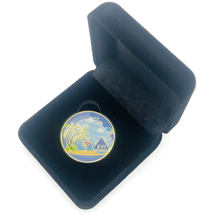 16 Year Beach Themed Specialty Tri-Plated AA Recovery Medallion - Sixteen Year Chip/Coin + Velvet Case