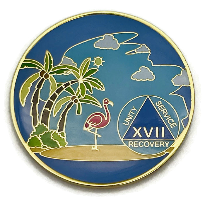17 Year Beach Themed Specialty Tri-Plated AA Recovery Medallion - Seventeen Year Chip/Coin