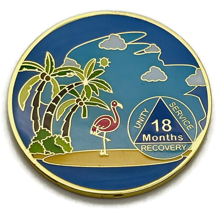 18 Month Beach Themed Specialty Tri-Plated AA Recovery Medallion - Eighteen Month Chip/Coin
