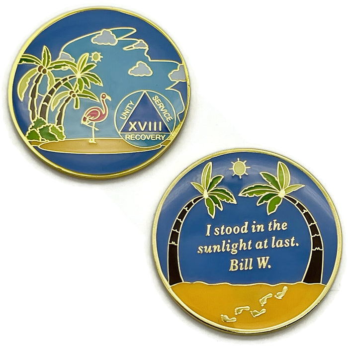 18 Year Beach Themed Specialty Tri-Plated AA Recovery Medallion - Eighteen Year Chip/Coin