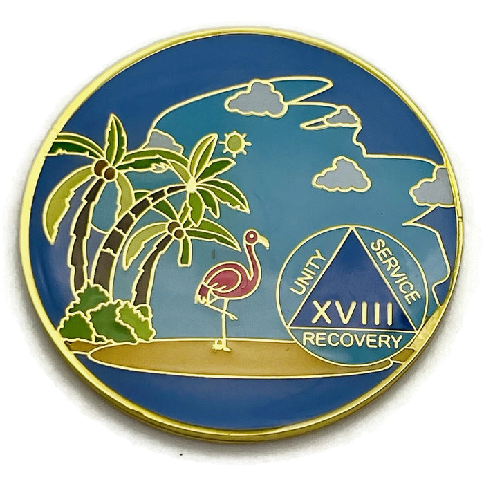 18 Year Beach Themed Specialty Tri-Plated AA Recovery Medallion - Eighteen Year Chip/Coin + Velvet Case