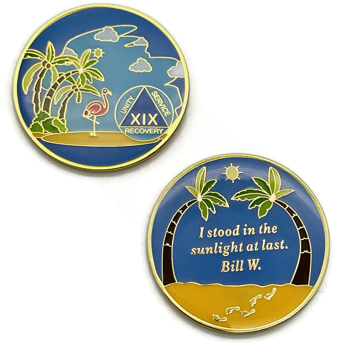 19 Year Beach Themed Specialty Tri-Plated AA Recovery Medallion - Nineteen Year Chip/Coin + Velvet Case