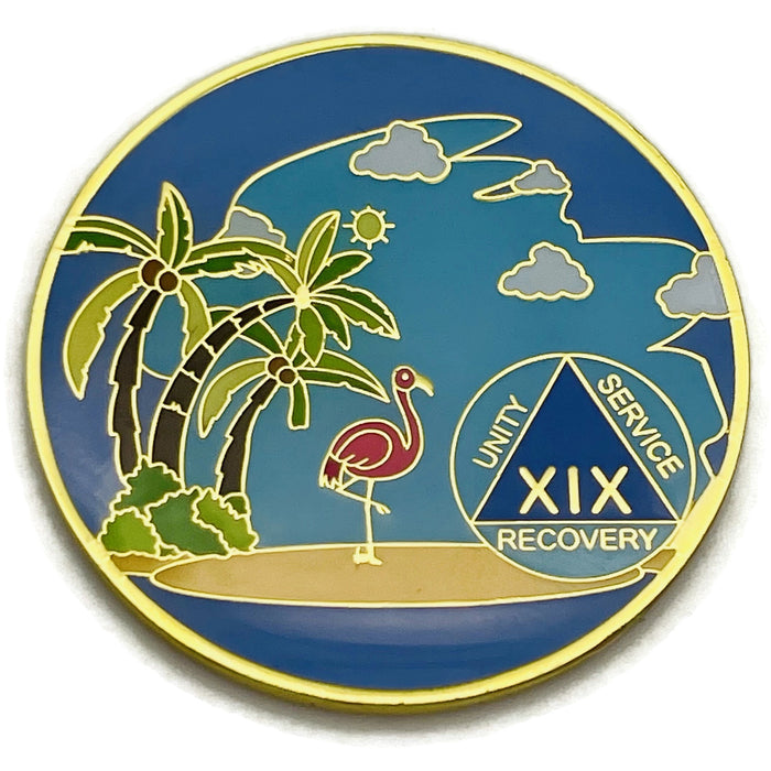 19 Year Beach Themed Specialty Tri-Plated AA Recovery Medallion - Nineteen Year Chip/Coin