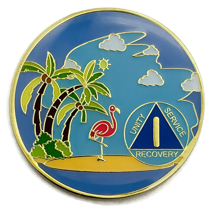 1 Year Beach Themed Specialty Tri-Plated AA Recovery Medallion - One Year Chip/Coin
