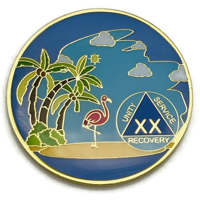 20 Year Beach Themed Specialty Tri-Plated AA Recovery Medallion - Twenty Year Chip/Coin + Velvet Case