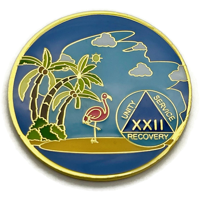 22 Year Beach Themed Specialty Tri-Plated AA Recovery Medallion - Twenty Two Year Chip/Coin