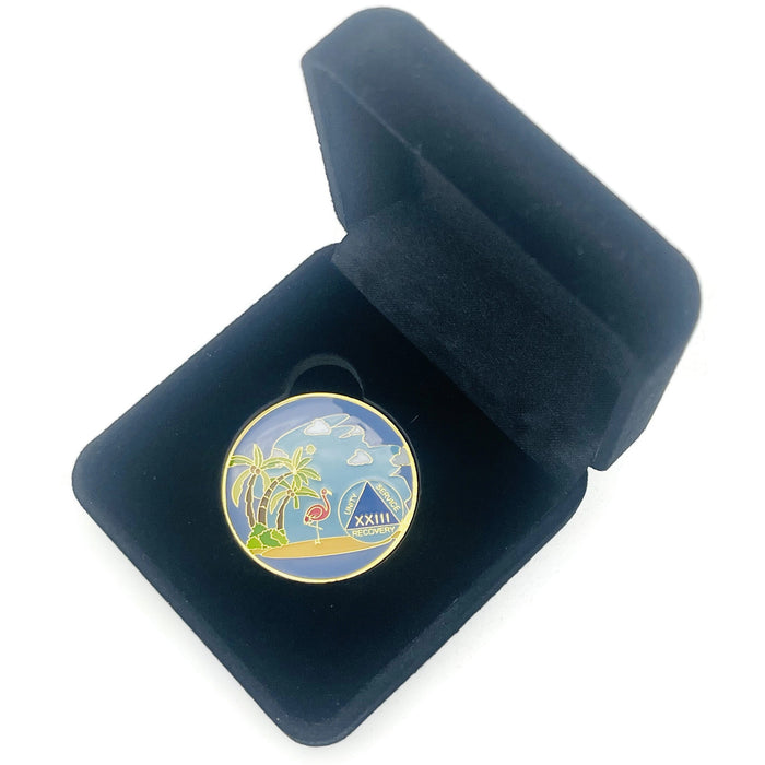 23 Year Beach Themed Specialty Tri-Plated AA Recovery Medallion - Twenty Three Year Chip/Coin + Velvet Case