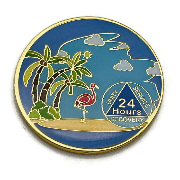 24 Hours Beach Themed Specialty Tri-Plated AA Recovery Medallion - Twenty-Four Hours Chip/Coin + Velvet Case