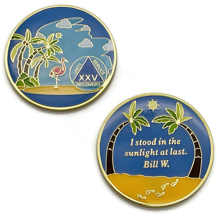 25 Year Beach Themed Specialty Tri-Plated AA Recovery Medallion - Twenty Five Year Chip/Coin