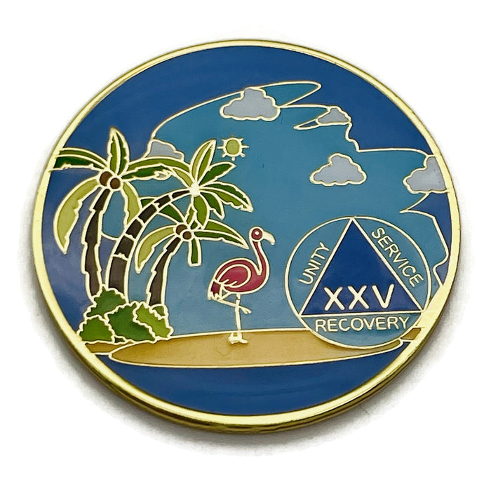 25 Year Beach Themed Specialty Tri-Plated AA Recovery Medallion - Twenty Five Year Chip/Coin + Velvet Case