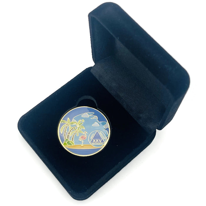 25 Year Beach Themed Specialty Tri-Plated AA Recovery Medallion - Twenty Five Year Chip/Coin + Velvet Case