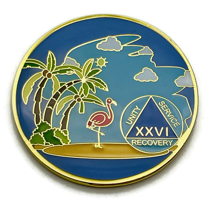 26 Year Beach Themed Specialty Tri-Plated AA Recovery Medallion - Twenty Six Year Chip/Coin + Velvet Case