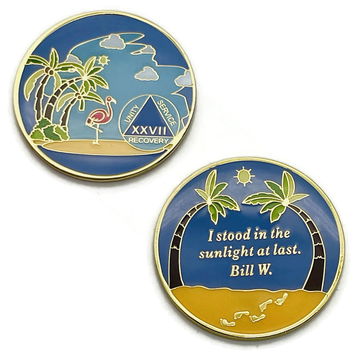 27 Year Beach Themed Specialty Tri-Plated AA Recovery Medallion - Twenty Seven Year Chip/Coin + Velvet Case