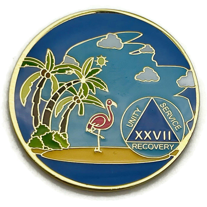 27 Year Beach Themed Specialty Tri-Plated AA Recovery Medallion - Twenty Seven Year Chip/Coin