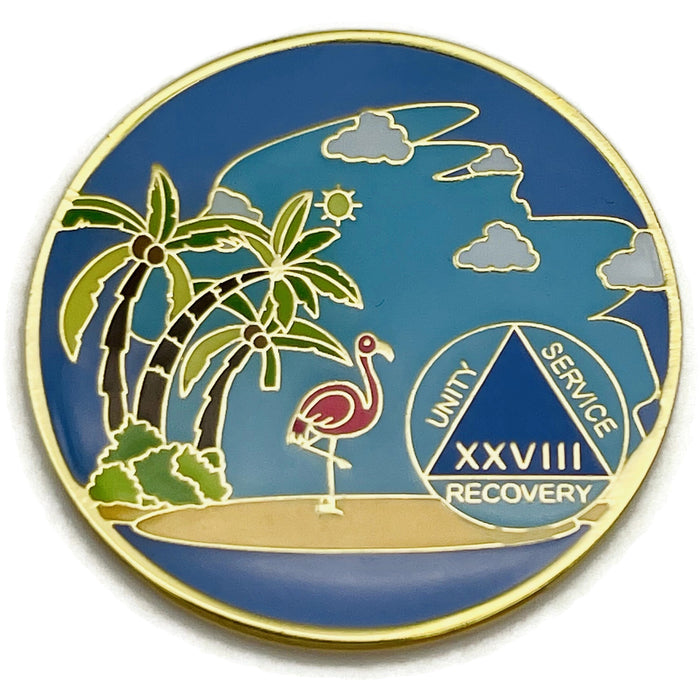 28 Year Beach Themed Specialty Tri-Plated AA Recovery Medallion - Twenty Eight Year Chip/Coin