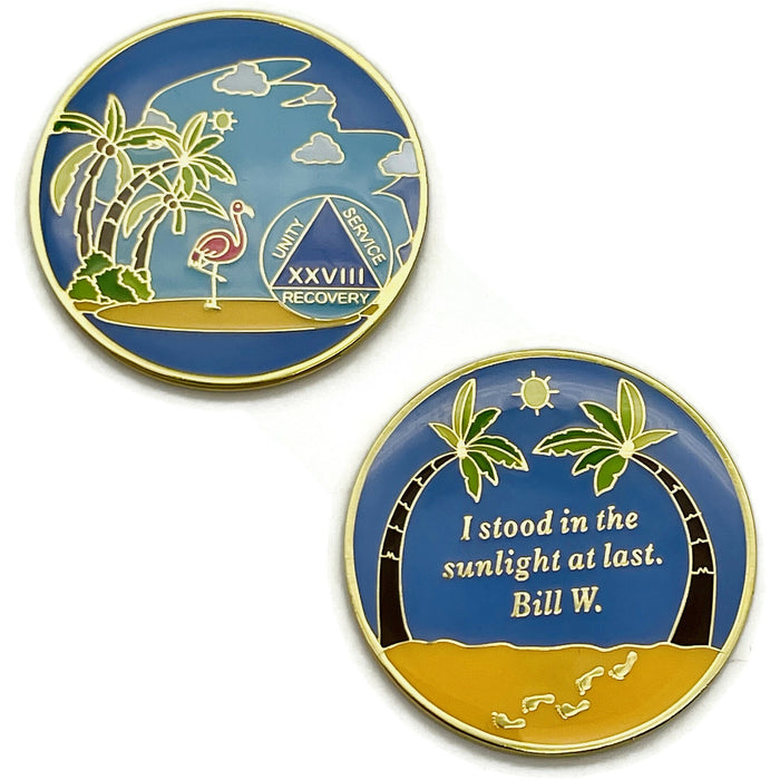 28 Year Beach Themed Specialty Tri-Plated AA Recovery Medallion - Twenty Eight Year Chip/Coin