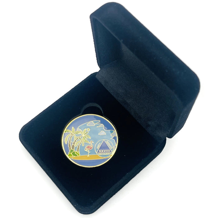 28 Year Beach Themed Specialty Tri-Plated AA Recovery Medallion - Twenty Eight Year Chip/Coin + Velvet Case