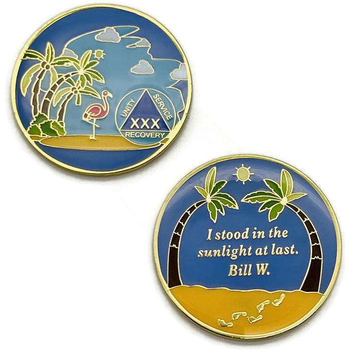 30 Year Beach Themed Specialty Tri-Plated AA Recovery Medallion - Thirty Year Chip/Coin