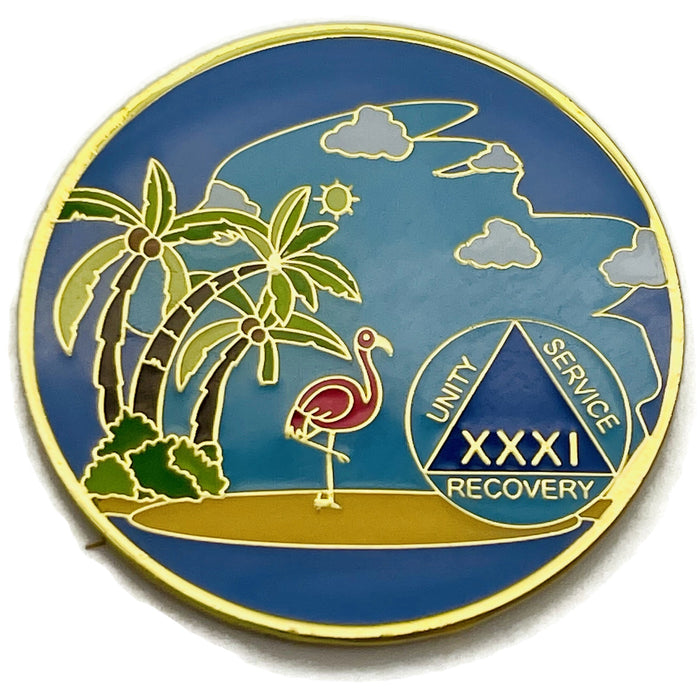 31 Year Beach Themed Specialty Tri-Plated AA Recovery Medallion - Thirty One Year Chip/Coin + Velvet Case