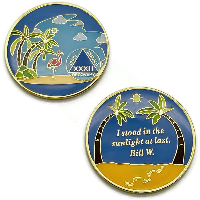 32 Year Beach Themed Specialty Tri-Plated AA Recovery Medallion - Thirty Two Year Chip/Coin + Velvet Case