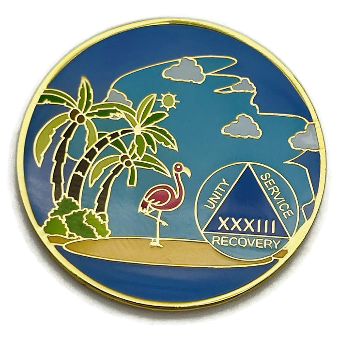 33 Year Beach Themed Specialty Tri-Plated AA Recovery Medallion - Thirty Three Year Chip/Coin