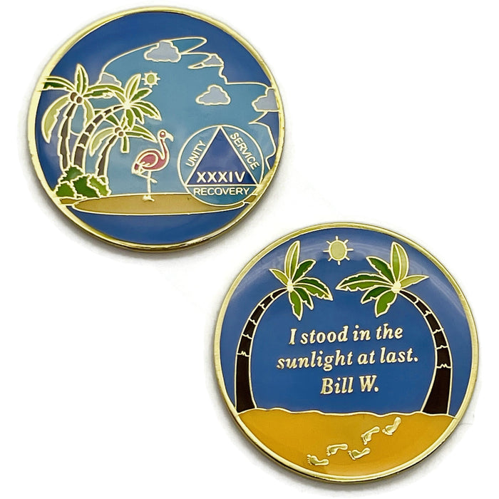 34 Year Beach Themed Specialty Tri-Plated AA Recovery Medallion - Thirty Four Year Chip/Coin
