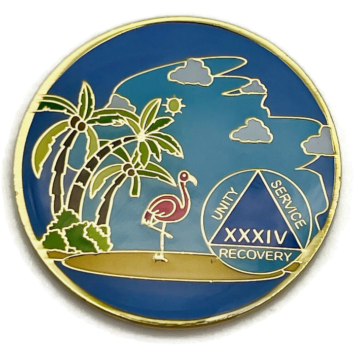 34 Year Beach Themed Specialty Tri-Plated AA Recovery Medallion - Thirty Four Year Chip/Coin