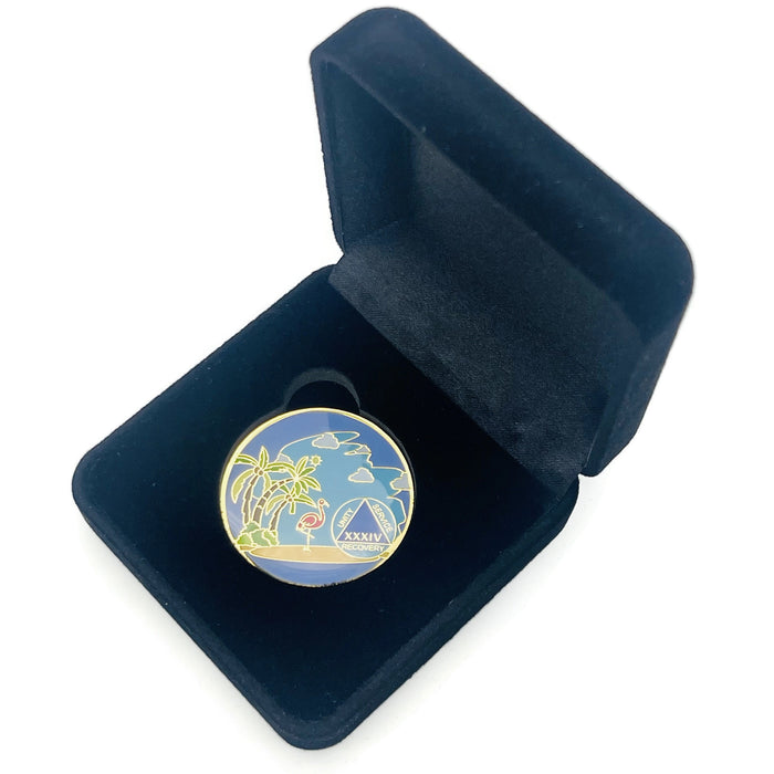 34 Year Beach Themed Specialty Tri-Plated AA Recovery Medallion - Thirty Four Year Chip/Coin + Velvet Case