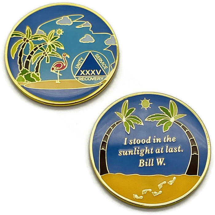 35 Year Beach Themed Specialty Tri-Plated AA Recovery Medallion - Thirty Five Year Chip/Coin