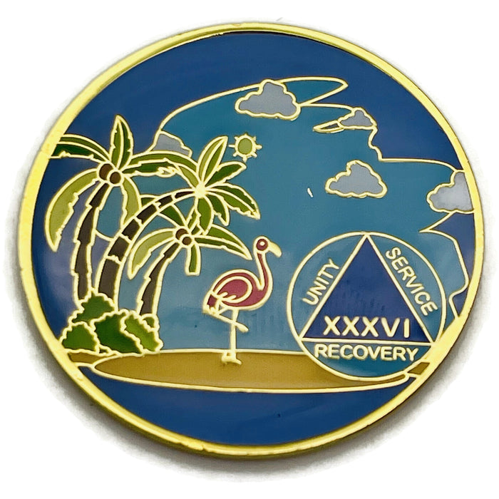 36 Year Beach Themed Specialty Tri-Plated AA Recovery Medallion - Thirty Six Year Chip/Coin + Velvet Case