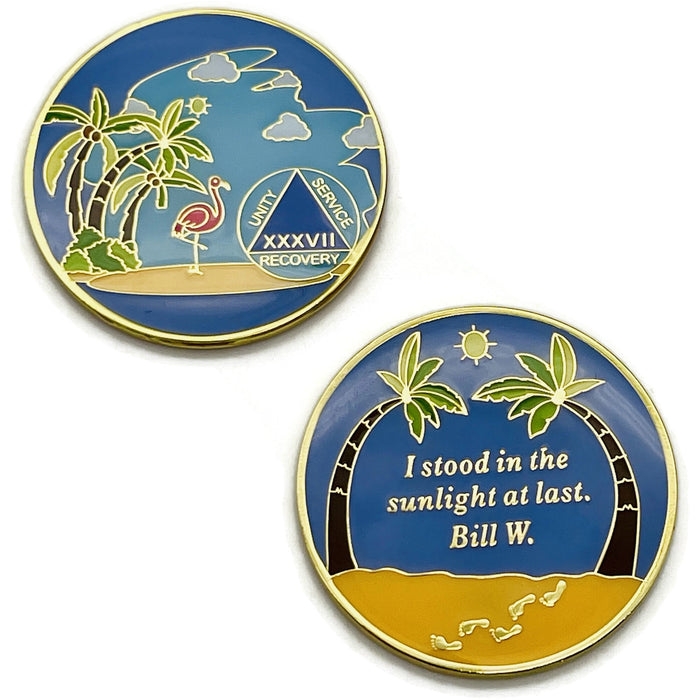 37 Year Beach Themed Specialty Tri-Plated AA Recovery Medallion - Thirty Seven Year Chip/Coin + Velvet Case