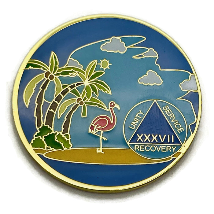 37 Year Beach Themed Specialty Tri-Plated AA Recovery Medallion - Thirty Seven Year Chip/Coin