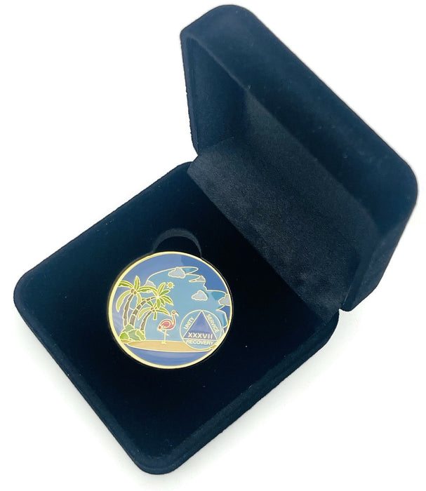 37 Year Beach Themed Specialty Tri-Plated AA Recovery Medallion - Thirty Seven Year Chip/Coin + Velvet Case