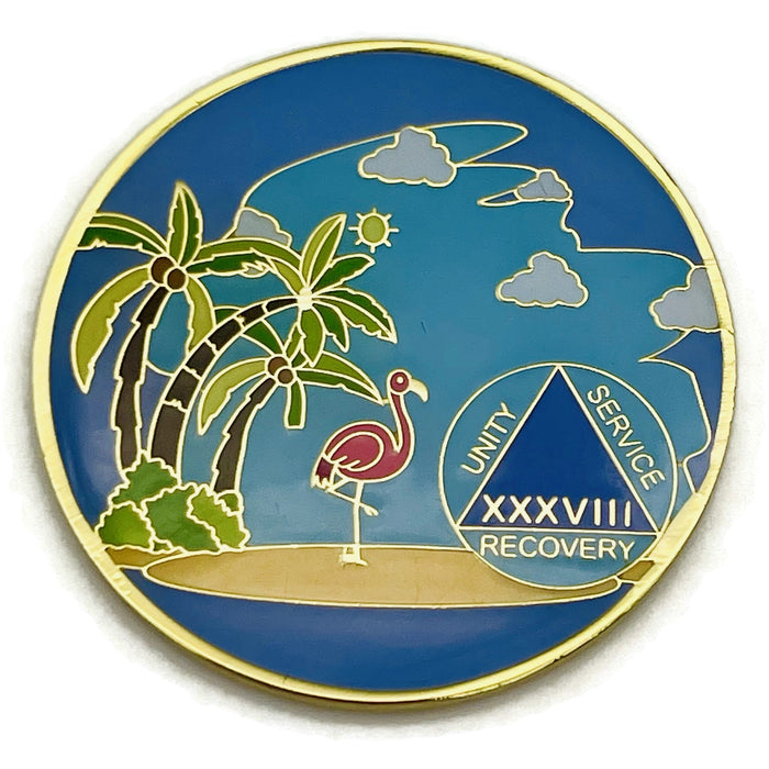 38 Year Beach Themed Specialty Tri-Plated AA Recovery Medallion - Thirty Eight Year Chip/Coin