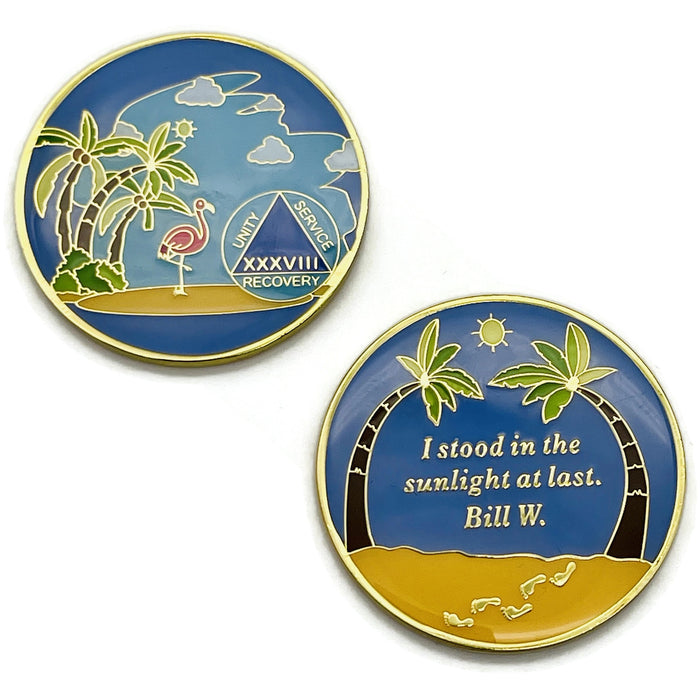 38 Year Beach Themed Specialty Tri-Plated AA Recovery Medallion - Thirty Eight Year Chip/Coin + Velvet Case