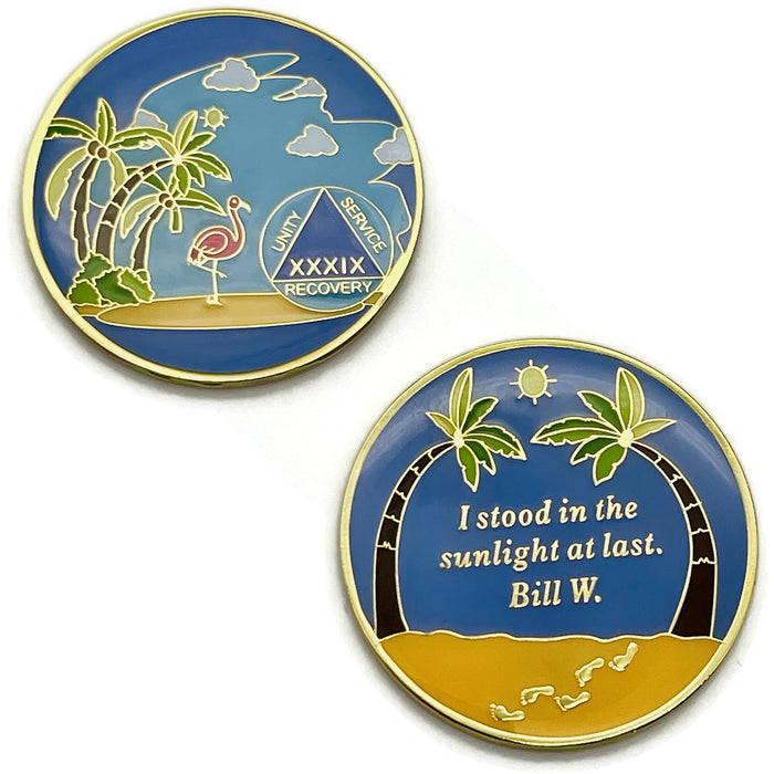 39 Year Beach Themed Specialty Tri-Plated AA Recovery Medallion - Thirty Nine Year Chip/Coin