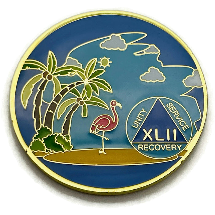 42 Year Beach Themed Specialty Tri-Plated AA Recovery Medallion - Forty Two Year Chip/Coin
