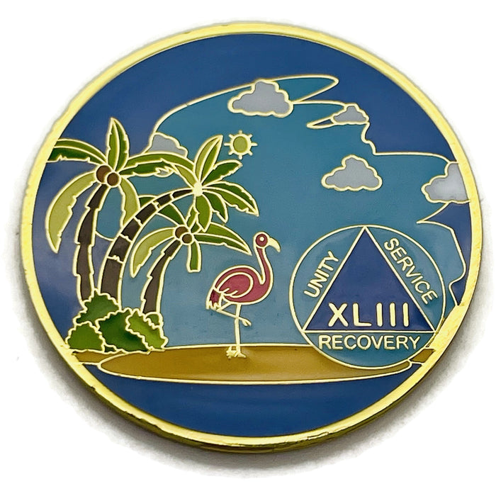 43 Year Beach Themed Specialty Tri-Plated AA Recovery Medallion - Forty Three Year Chip/Coin + Velvet Case