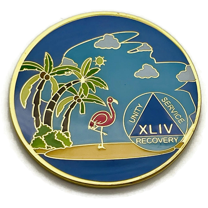 44 Year Beach Themed Specialty Tri-Plated AA Recovery Medallion - Forty Four Year Chip/Coin + Velvet Case
