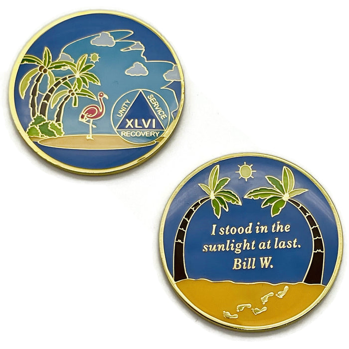 46 Year Beach Themed Specialty Tri-Plated AA Recovery Medallion - Forty Six Year Chip/Coin + Velvet Case
