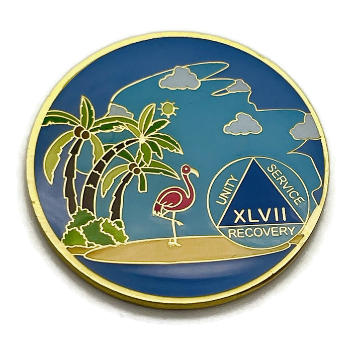 47 Year Beach Themed Specialty Tri-Plated AA Recovery Medallion - Forty Seven Year Chip/Coin + Velvet Case