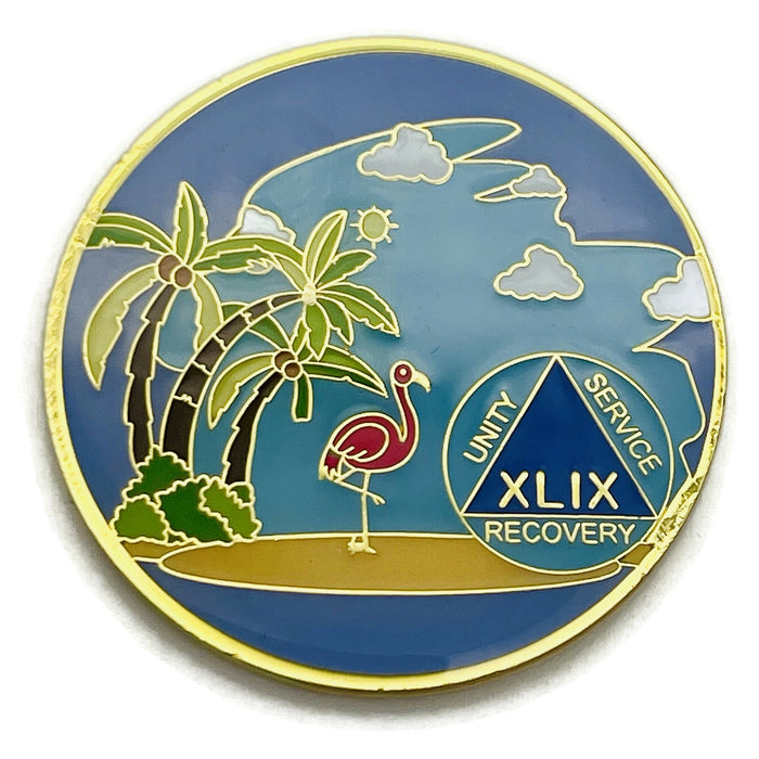 49 Year Beach Themed Specialty Tri-Plated AA Recovery Medallion - Forty Nine Year Chip/Coin + Velvet Case