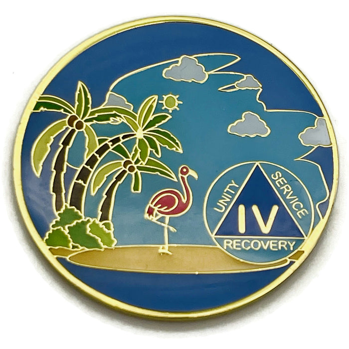 4 Year Beach Themed Specialty Tri-Plated AA Recovery Medallion - Four Year Chip/Coin