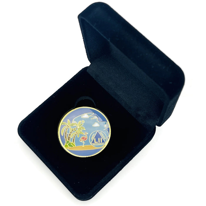 52 Year Beach Themed Specialty Tri-Plated AA Recovery Medallion - Fifty Two Year Chip/Coin + Velvet Case