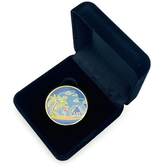 56 Year Beach Themed Specialty Tri-Plated AA Recovery Medallion - Fifty Six Year Chip/Coin + Velvet Case
