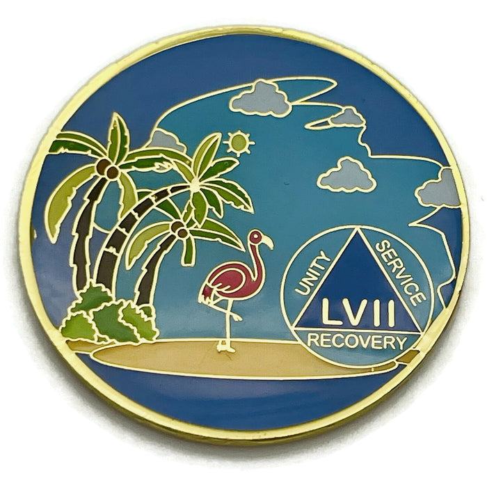 57 Year Beach Themed Specialty Tri-Plated AA Recovery Medallion - Fifty Seven Year Chip/Coin + Velvet Case