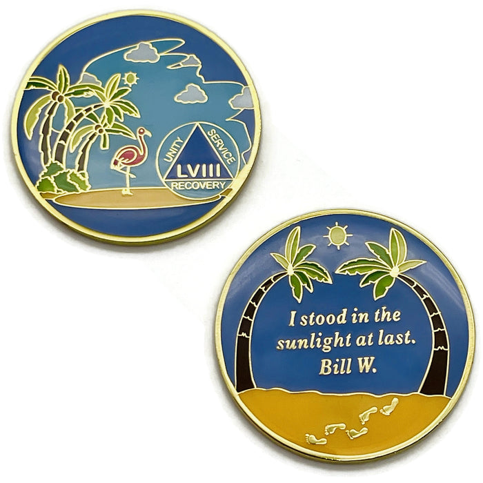 58 Year Beach Themed Specialty Tri-Plated AA Recovery Medallion - Fifty Eight Year Chip/Coin